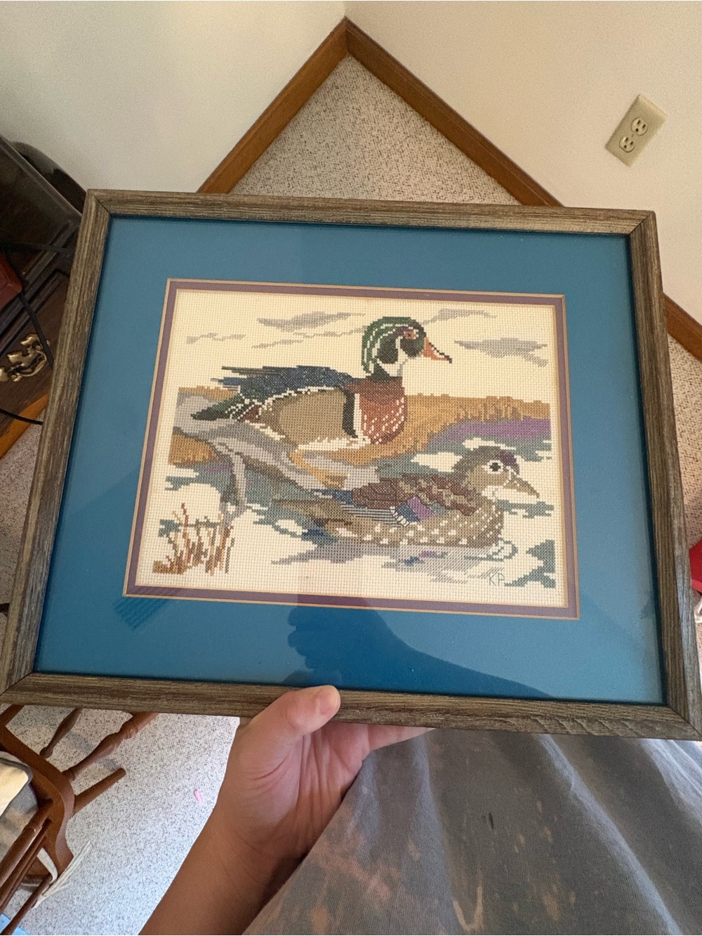 Antique Framed Duck Cross-Stitch Wall Art in Blue and Brown